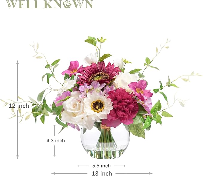Artificial Flowers Centerpieces in Glass Vase with Fake Water, Silk White Rose Sunflowers Peony Bouquet with Vase for Birthday Party Wedding Dinning Table Office Hotel Decor (Fuchsia Mixed Plus)