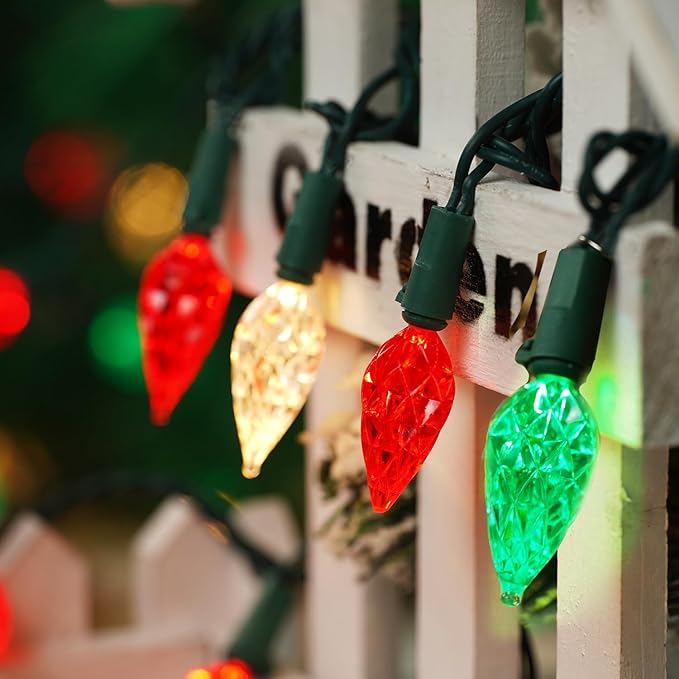 BOHON Red White and Green Christmas Lights Outdoor Faceted C6 50 LED 25ft Plug in Fairy Twinkle Warm String Lights Waterproof Extendable Green Wire for Indoor Patio Xmas Thanksgiving Tree Decoration