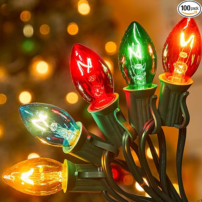 C7 Multicolor Christmas String Lights - 100ft Vintage Christmas Tree Lights, Outdoor Roofline String Lights with 100+4 Spare Bulbs for Patio Garden Holiday Indoor Home Xmas Decoration, Green Wire