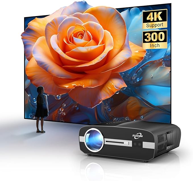 LED 4K Projector with WiFi and Bluetooth, 1800 ANSI Ultra HD Smart Daylight Home Theater Projector Home Cinema, Android TV, DSP audio, 4D keystone Correction, HDR for Gaming, Ceiling, 300" display