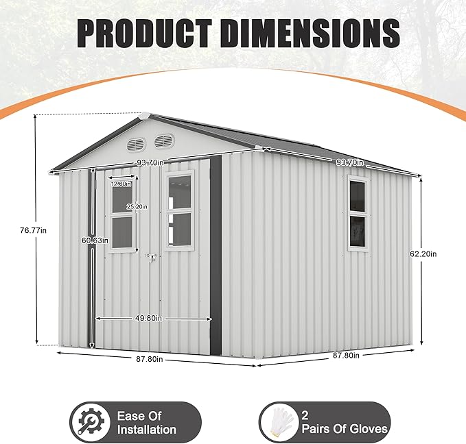 KEIKI 8x8 Metal Storage Shed with Protective Film, 4 Daylight Windows, Lockable Double Doors, Heavy-Duty Color Steel Outdoor Storage Shed for Backyard Garden, White