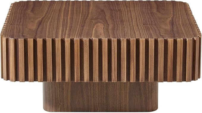 31.5" Square Coffee Table with Sturdy Base, Modern Luxury Wood Drum Center Tables,Small Wooden Accent with MDF, for Living Room, Minimalist Fluted Design-Walnut