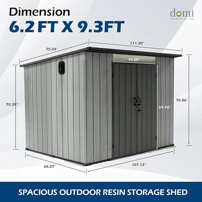 Domi 6x9FT Lean to Resin Shed, Plastic Outdoor Storage Shed with Carpet, Outside Storage Building for Garden Tools, Bike, Lawn Mower, Yard