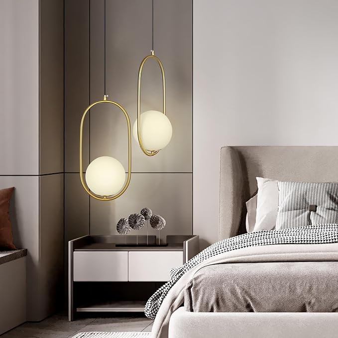 lobolighting Pendant Light Fixtures, 2 Pack Modern Gold Pendant Lighting Adjustable Height Mid Century Chandelier, Frosted Glass Globe Single Hanging Light for Kitchen Island Dining Room Bedroom