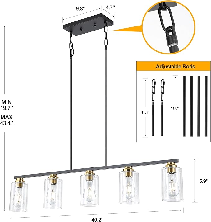 Island Light for Kitchen, Black and Gold Dining Room Light Fixture Over Table, 5-Light Linear Chandelier Pendant Lighting for Dining Table Kitchen Island Living Room