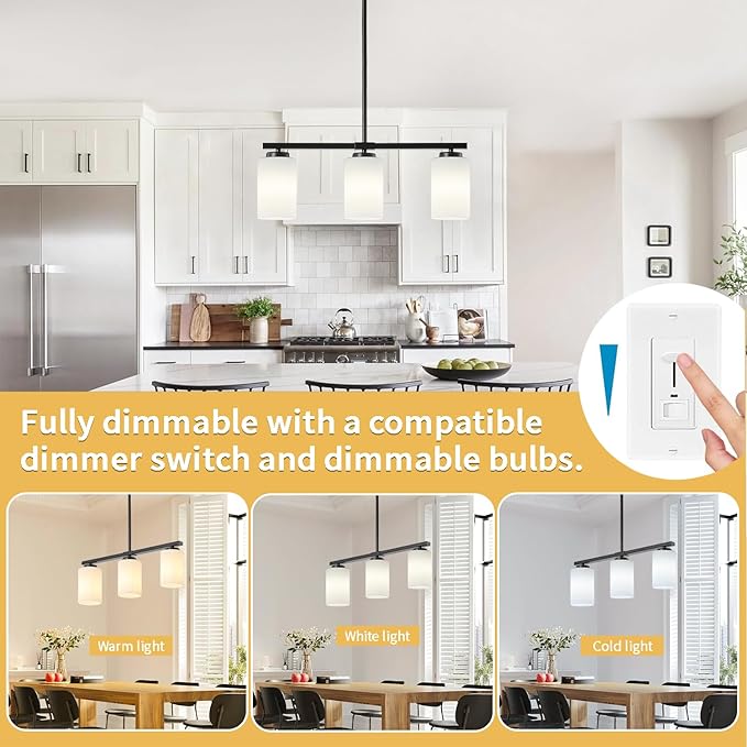 3-Light Modern Island Lights for Kitchen, Black Dining Room Light Fixtures Farmhouse Linear Chandeliers Over Table, White Frosted Glass Adjustable Hanging Light Kitchen Pendant Lighting Over Island
