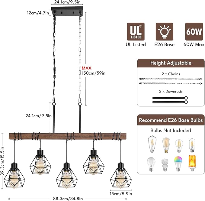5-Light Kitchen Ceiling Light Fixture - Modern Farmhouse Black Chandelier with Adjustable Height for Dining Room Over Table, Rustic Wood Linear Pendant Island Lights for Kitchen, E26 Base, UL Listed