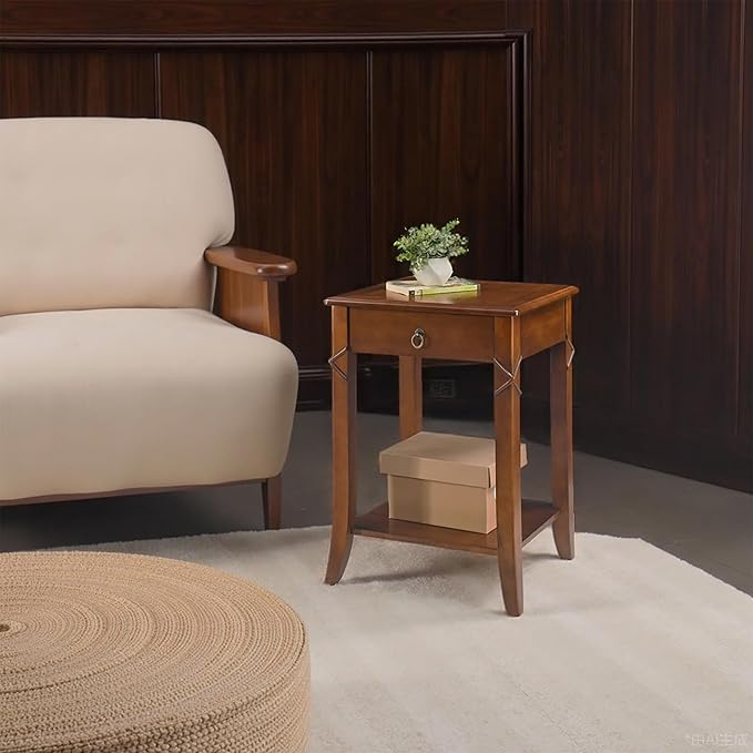 Solid Wood End Table with Drawer, Beside Table, Nightstand, Mid-Century Modern Funiture with Storage Shelf, 19.7" x 15.7" x 27.6" High Living Room Side Table with Wood Frame, Cherry Walnut GBJ-DR200