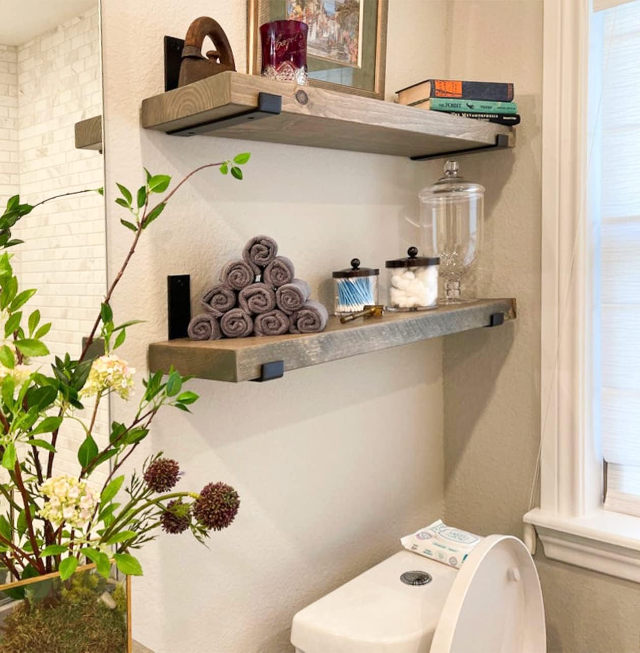 Rustic Shelves with J-Brackets Set of 2, Industrial Shelf, Kitchen Shelves, Solid Wood, Decorative Wall Storage, Heavy Duty, URBANDI (Grey, 12Wx12D)