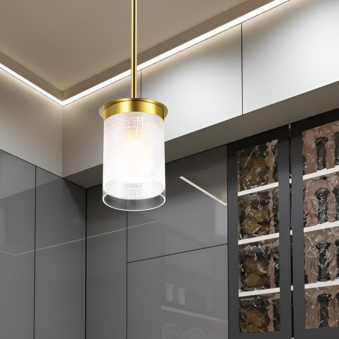 Modern Pendant Light Glass Shade, for Kitchen,Dining Room,Bedroom, Bar,Office,Farmhouse Brushed Gold,1Pack-4.72 Inch Shade 40 Inch Cord(Glass is Treated with Cloth Patterns)
