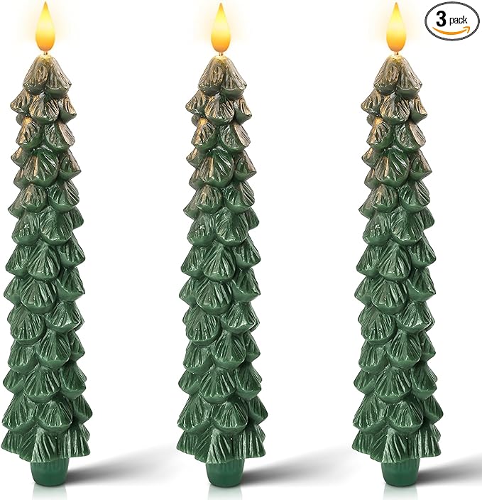 Homemory 3 PCS Flameless Taper Candles with 6-Hours Timer, 9.7 Inches Christmas Tree Candlesticks, Real Wax Battery Operated Window Candles with 3D Flickering Flame for Fireplace Christmas