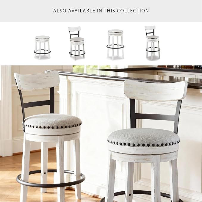 Signature Design by Ashley Valebeck | Modern Swivel 24.5" Counter Height Barstool – Rustic-Industrial Whitewash, Upholstered Cushion, 360° Swivel, Nailhead Trim