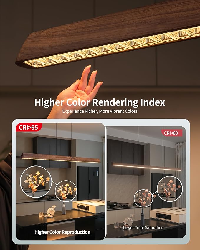 45" Wood Linear Pendant Light, Dimmable Kitchen Island Lighting with Remote, 30W LED Island Lights for Kitchen, Adjustable Linear Chandelier for Dinning Room Light Fixture, Bar, Pool Table - Walnut