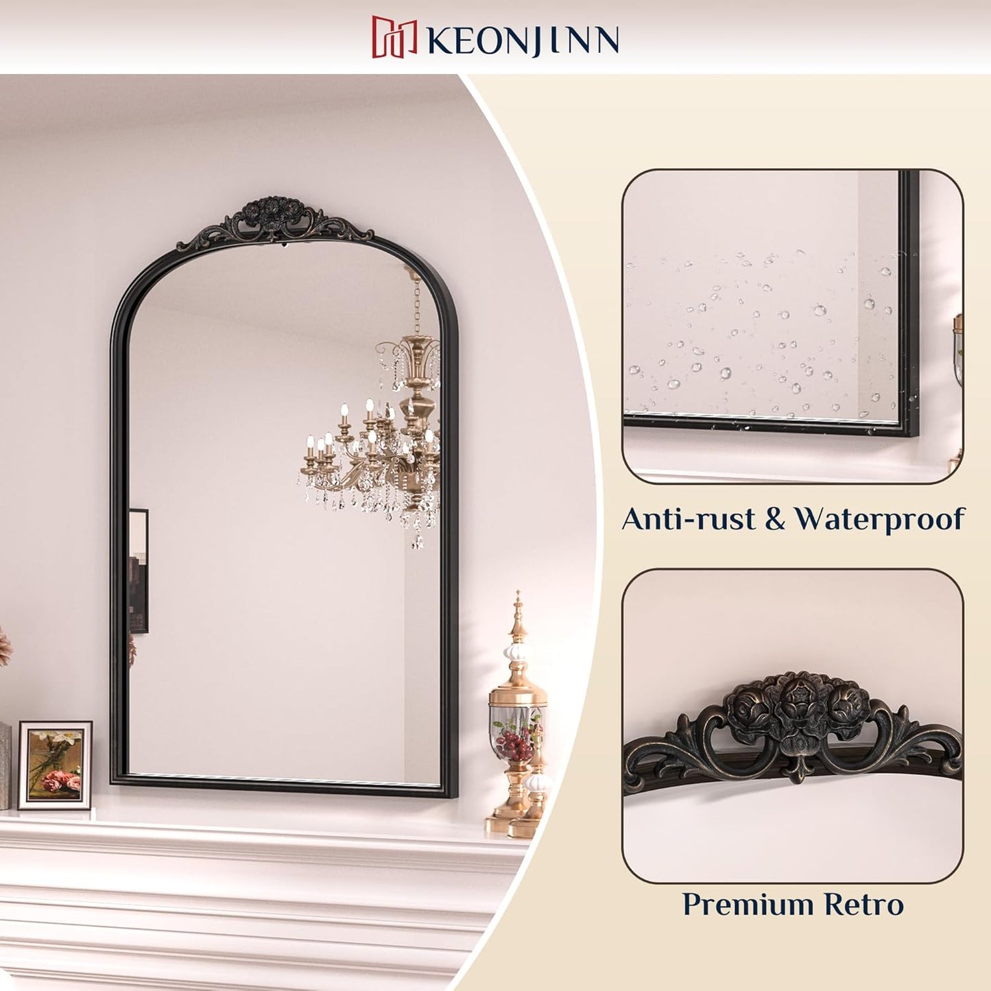 Keonjinn Vintage Mirror 40" x 30", Large Black Antique Mirror with Metal Frame, Ornate Arched Mirrors for Wall, Baroque Decoration for Mantle, Bathroom, Living Room, French Cleat Mounting