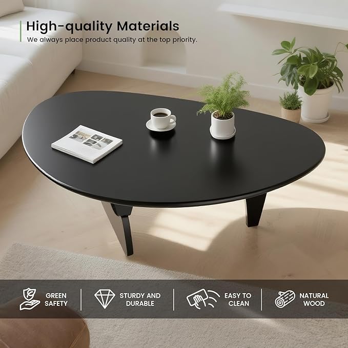 Solid Wooden Modern Triangle Coffee Table: Unique Funky Coffee Tables for Living Room, Oval Mid-Century Irregular Abstract Tea Tables for Patio Office Balcony Bedroom (Black, 43" L x 31" W x 16" H)