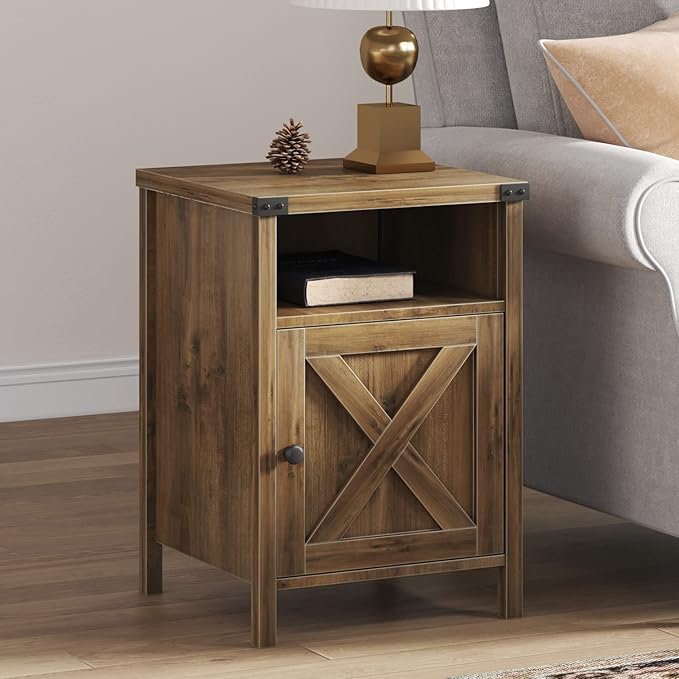 Catrimown Farmhouse Nightstand, Side Table End Table with Barn Door and Shelf, Modern Bed Side Table End Table, Rustic Nightstands Set for Bedroom, Living Room, Oak, 13.8D x 15.8W x 23.7H in
