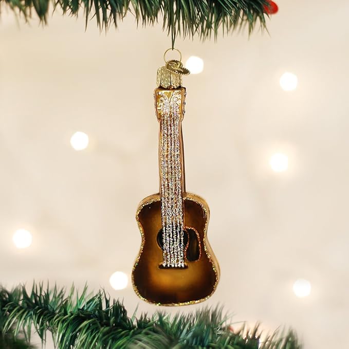 Old World Christmas Glitter Brown Guitar Glass Blown Ornament for Christmas Tree, Handcrafted Holiday Decoration, Music Collection