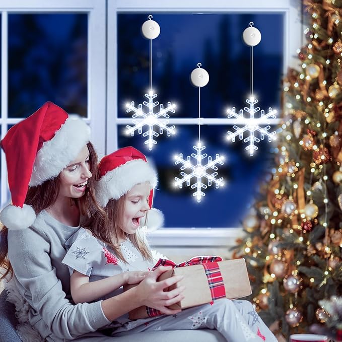 3Pack Christmas Window Lights Decorations with Timer, Battery Powered Christmas Hanging White Lighted Snowflake Shaped LED Sucker for Xmas Lamp Tree Fireplace Indoor Decor