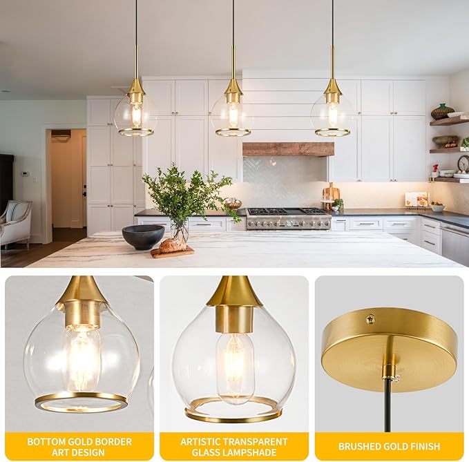 1-Piece Island Light for Kitchen, 1-Light Gold Kitchen Island Hanging Pendant Light, Brushed Gold Dining Room Light Fixture Over Table with Clear Round Glass Shades