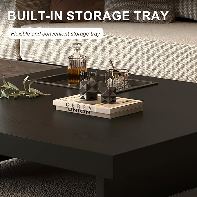 Modern Square Coffee Table for Living Room, Low Profile Wood Center Table with 2" Thick Tabletop & Optional Storage Tray, Sturdy Minimalist Design (31.5"/39.4" Black/Walnut)