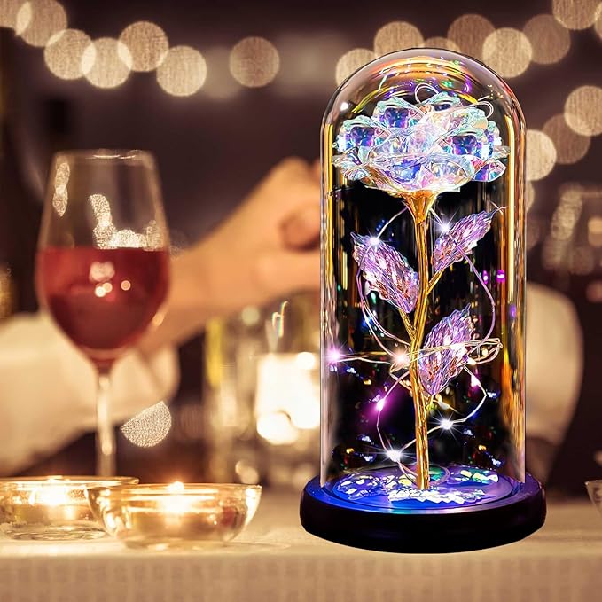 Christmas Rose Gifts for Women Mom, Womens Gifts for Christmas, Glass Flower Gifts for Sister, Rose Enchanted Crystal Flower Gift Light Up in Glass Dome,Birthday Gift for Women Wife Gold