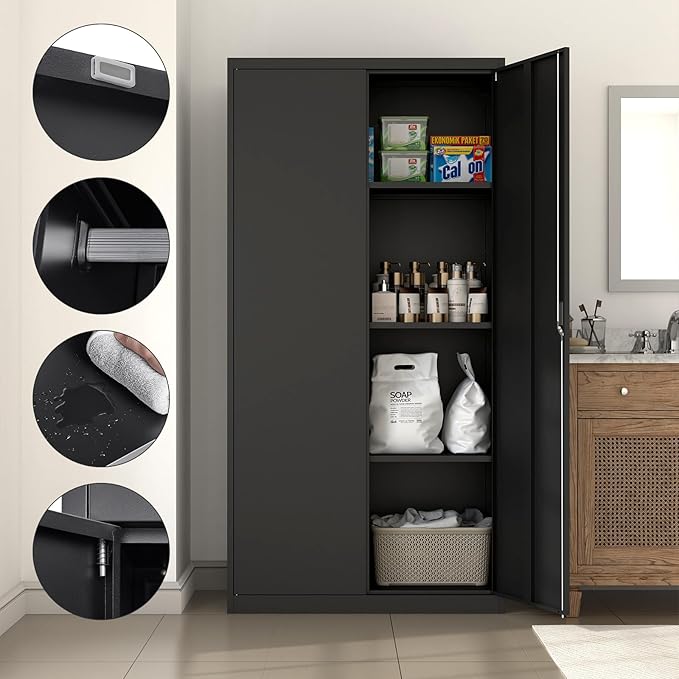 Wardrobe Storage Cabinets,Black Armoire Wardrobe Closet with Lock,Metal Storage Cabinet for Living/Laundry Room
