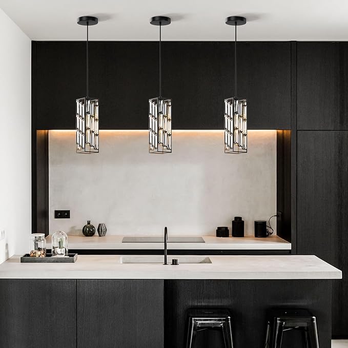 Black Pendant Lights Modern Pendant Light Fixture, Mini Crystal Pendant Ceiling Light, Pendant Light for Kitchen Island, Dinning Room, Bedroom, Kitchen Sink Lighting (3-Pack)