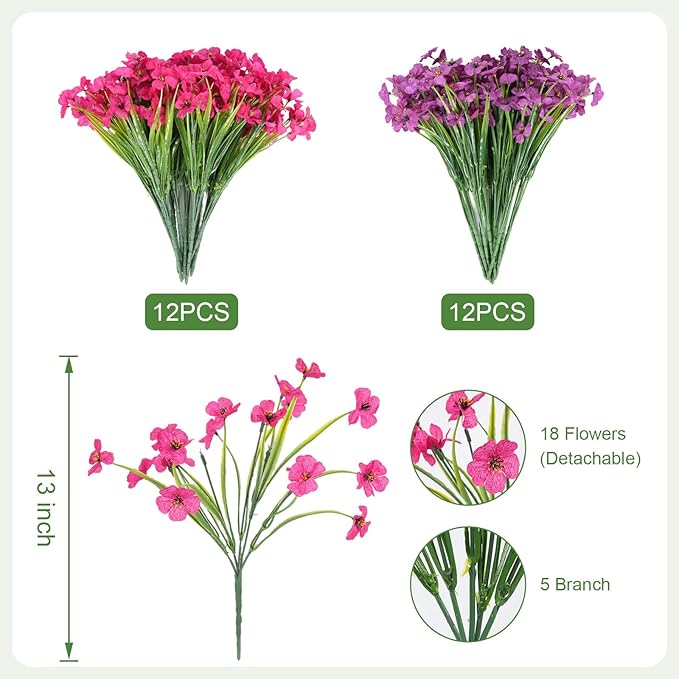 Artificial Flowers for Outdoor Faux Plants for Spring Summer Decoration, UV Resistant Realistic Silk Plastic Fake Flowers Garden Porch Patio Balcony Yard Front Home Decor, 24 Bundles