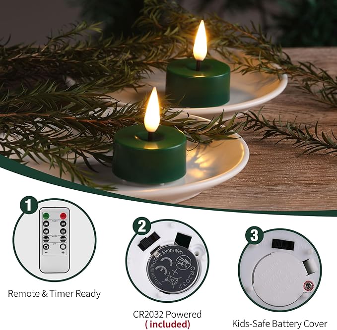 Eywamage Green Christmas LED Tealights with Remote Batteries, Flickering Flameless Tea Lights Votive Candles Set of 12