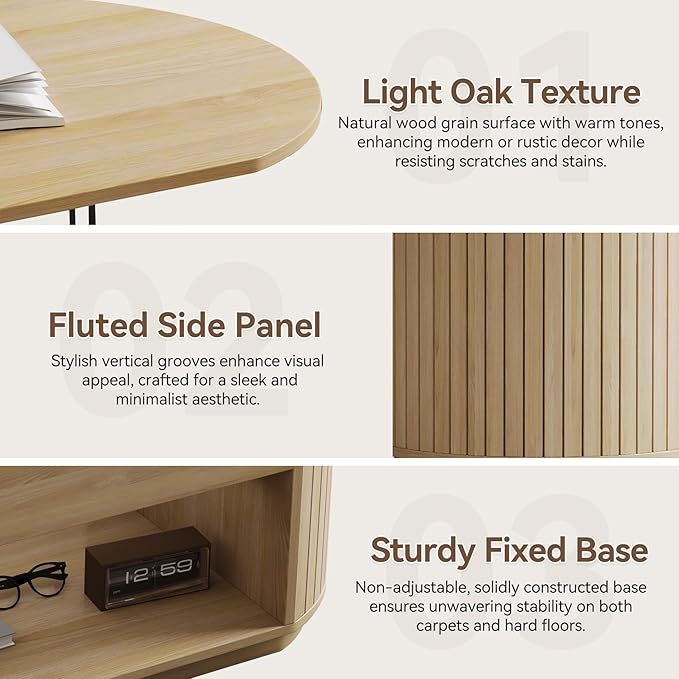 47-Inch Oval Lift Top Coffee Table with Storage Shelf for Living Room, Large Wooden Fluted Modern Center Table with 2 Tier Shelf, Modern Tea Tables with Hidden Compartment for Bedroom, Light Oak