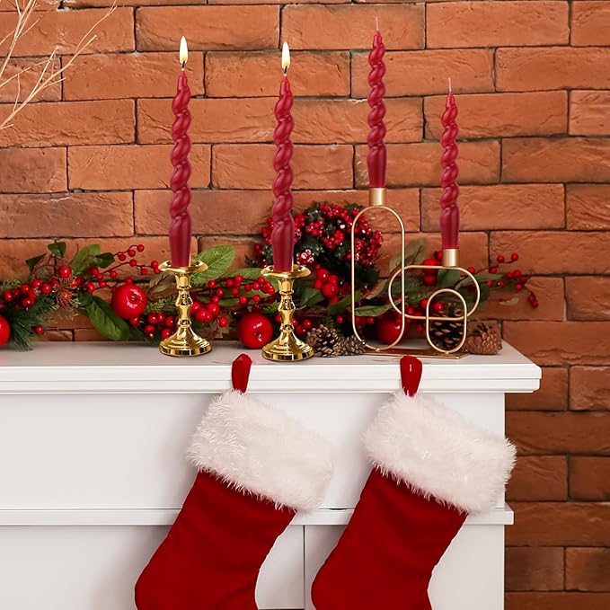 Zhengmy 4 Pcs Burgundy Red Spiral Taper Candle 7 Inch Twisted Long Wax Dinner Candlestick for Fall Halloween Christmas Holiday Valentines Wedding Birthday Baby Shower Table Decor(Solid)