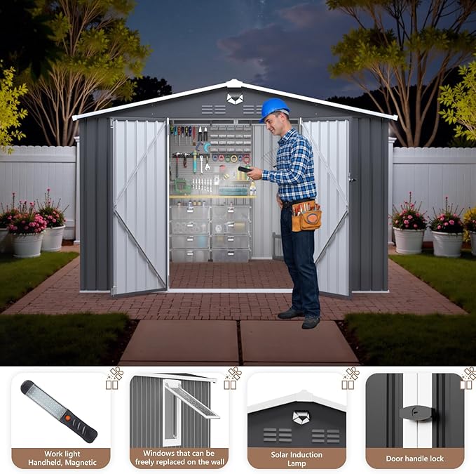 10x8 FT Outdoor Storage Shed, Metal Sheds & Outdoor Storage, Waterproof Sheds with Lockable Doors for Backyard (Black, with Window)