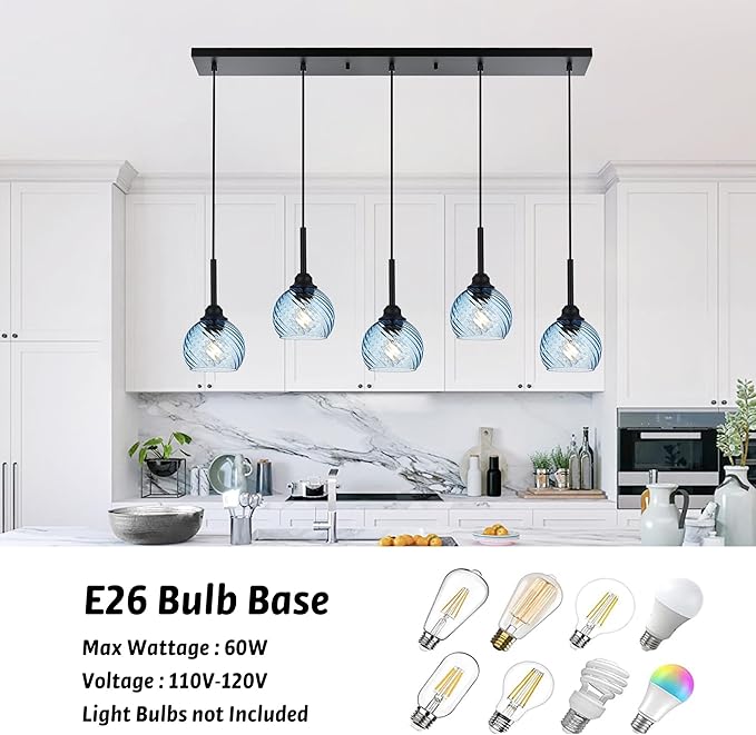 5 Light Island Lighting Fixtures Hanging with Blue Striped Swirl Globe Glass, Black Linear Hanging Pendant Light Fixture Farmhouse Chandelier for Dining Room Bar Living Room