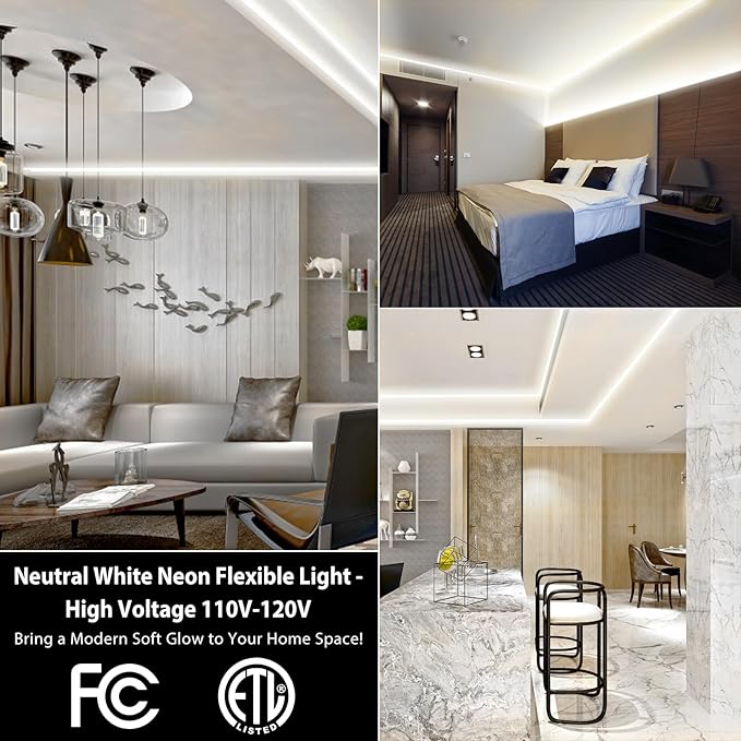 LED Neon Rope Light 65.6ft, Connectable & Cuttable 6000K Daylight Neon Strip, IP65 Waterproof Indoor/Outdoor Lighting for Home & Commercial Use, ETL Listed 120V, Uniform Glow