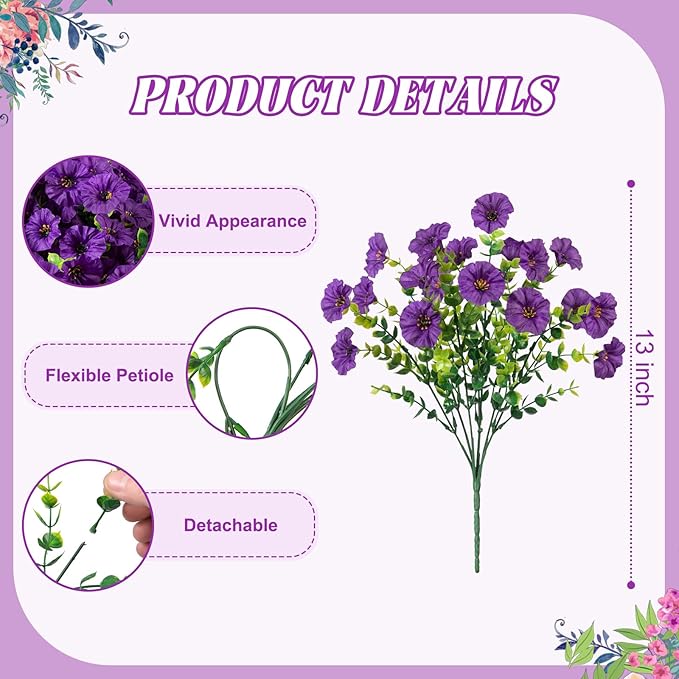 Artificial Flowers for Outdoor Decoration, 10 Bundles Fake Plastic Flower Plant, Faux Colorful Silk Morning Glory Eucalyptus for Outside Spring Summer Garden Porch Front Door Decor, Dark Purple
