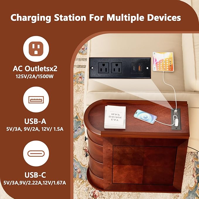 ROOMTEC Solid Wood End Table with Charging Station,Narrow Side Table with USB Ports and Outlets,No Assembly,Slim Chair Side Table,Narrow Sofa Side Table for Living Room Bedroom(2 Pack)