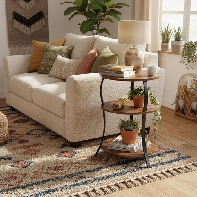Round Side Table, 3-Tier End Table with Storage Shelf for Narrow and Small Spaces, Round Sofa Table Vintage Corner Tables for Living Room,Bedroom Nightstand/Rustic Brown