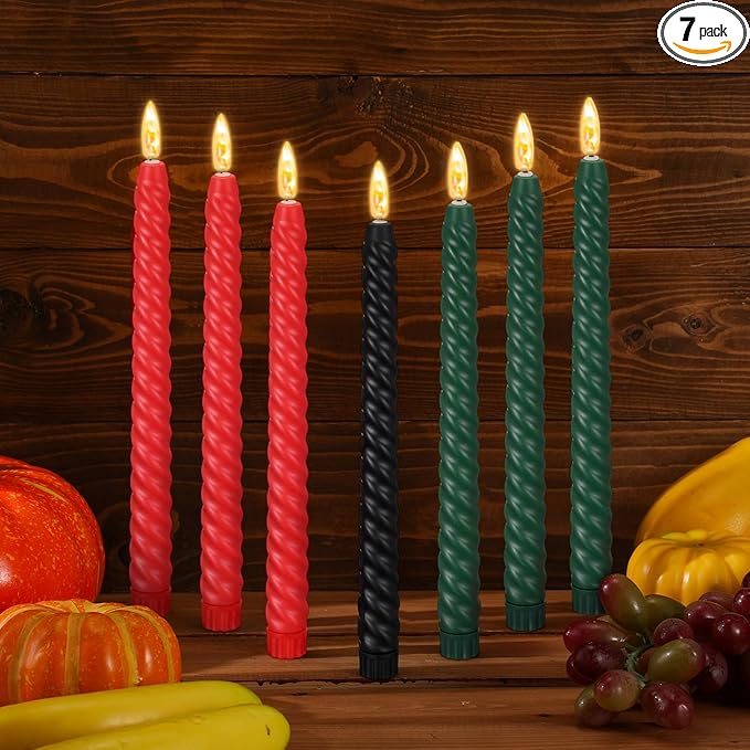 Riakrum 7 Pieces Kwanzaa Candles Set Kwanzaa Flameless Taper Candles Battery Operated for Church Celebration Decoration(10.04 Inches,Spiral)