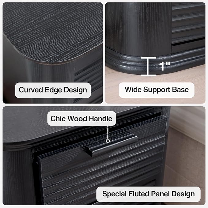 Okvnbjk 22" Wide Fluted Nightstand Set of 2 with Charging Station, Modern End Table for Living Room, Bedroom, Home Office, Wood 3 Drawer Dresser, Large Bedside Tables, Curved Profile Design, Black