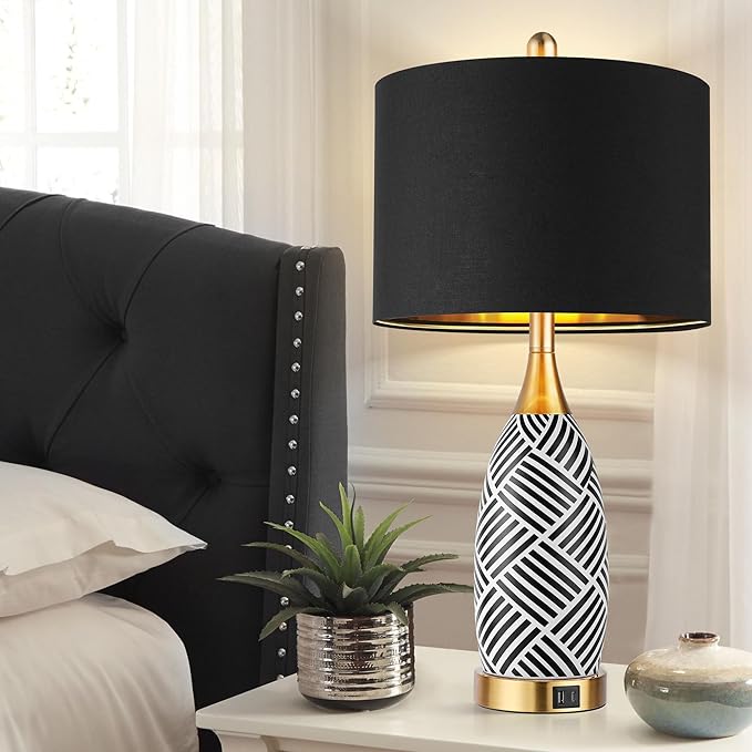 25.5" Touch Control Black and Gold Lamp,3-Way Dimmable Modern Ceramic Table Lamps with USB & Type-C Ports,Classic Black/White Striped Bedside Lamps for Bedroom Living Room Office(Bulbs Included)