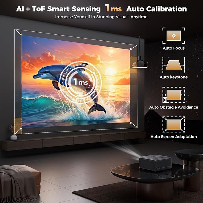 GooDee 4K Smart Projector with WiFi & Bluetooth - 3000 ANSI UHD, ToF Auto Focus Keystone MEMC, Dolby Audio Home Theater Video Projector Built-in Streaming Apps, Indoor & Outdoor Movies, Gaming