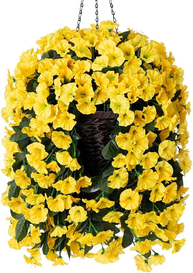 HyeFlora Artificial Fake Hanging Flowers Plants Baskets for Outdoor Outside, Faux Silk Yellow Morning Glory Flowers UV Resistant Look Real Hanging Planter for Home Porch Patio Balcony Yard Decor