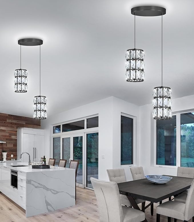 2-Lights Modern Crystal Pendant Lights for Kitchen Island LED Dimmable Glam Pendant Lighting Chandelier for Dining Room Hallway Corner Lamp Black