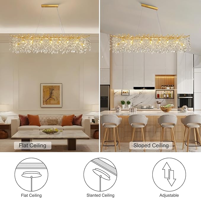 YUYI Modern Crystal Chandelier, 60" Gold Tree Branch Chandelier, 16-Light Rectangular Chandeliers for Dining Room, Kitchen Island, Living Room, Luxury Top K9 Crystal Raindrop Light Fixture - Upgraded