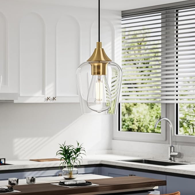 VONLUCE Pendant Lights Kitchen Island, Brushed Nickel Pendant Light Fixtures with E26 Base & Adjustable Cable, Modern Pendant Lighting with Glass Shade for Living Room Bedroom Hallway, 6 Packs