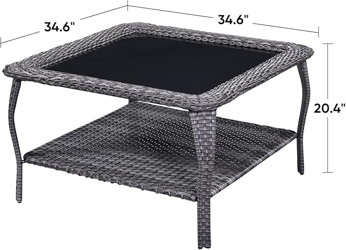 Rilyson Patio Tables Outdoor Coffee Table - Wicker Rattan Coffee Tables with 2-Tier Storage Shelf Glass Top for Proch Deck Balcony Garden Squre Mixed Grey