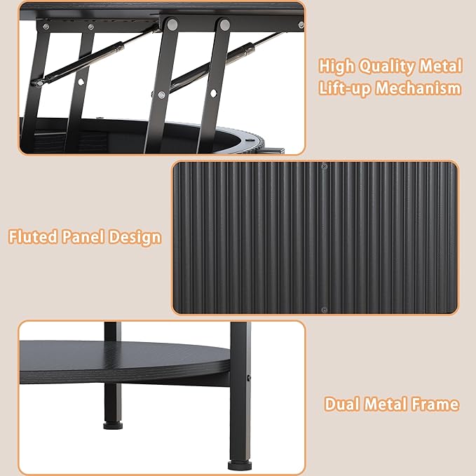 Round Coffee Table, Fluted Lift Top Coffee Table with Hidden Compartment and Open Shelf, 26.77” Small Central Table for Living Room, Home Small Space, Mid-Century Black