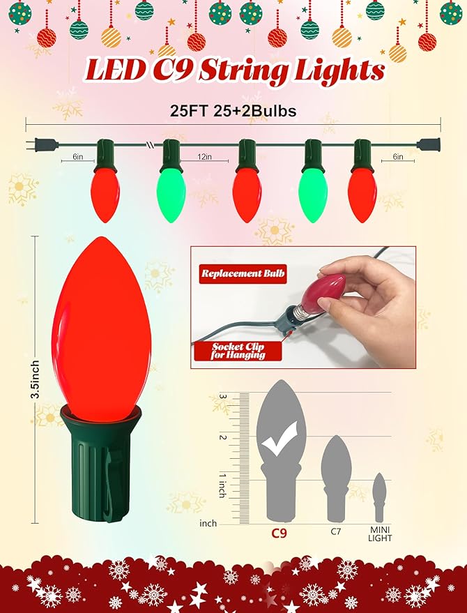 C9 LED Christmas String Lights Outdoor, 25Ft Red and Green Vintage Christmas Lights with 26 C9 Red/Green Bulbs, Outdoor Hanging Patio Light for Xmas Tree Path Roofline Wedding Party Decoration