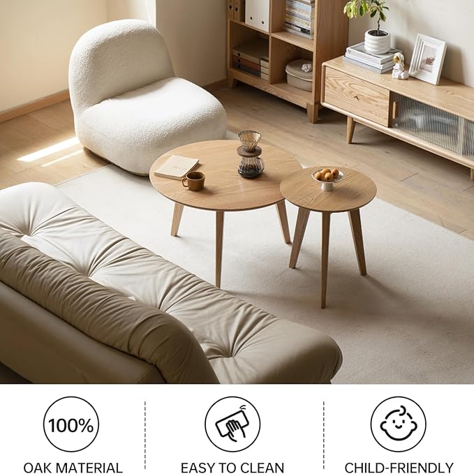 100% Solid Oak Wood Mini Coffee Table, Round Cofffe Tables Side Table w/Solid Wood Legs, Walnut Mid Century Table for Bedroom Balcony Living Room (29.53" D x 17.72" H)