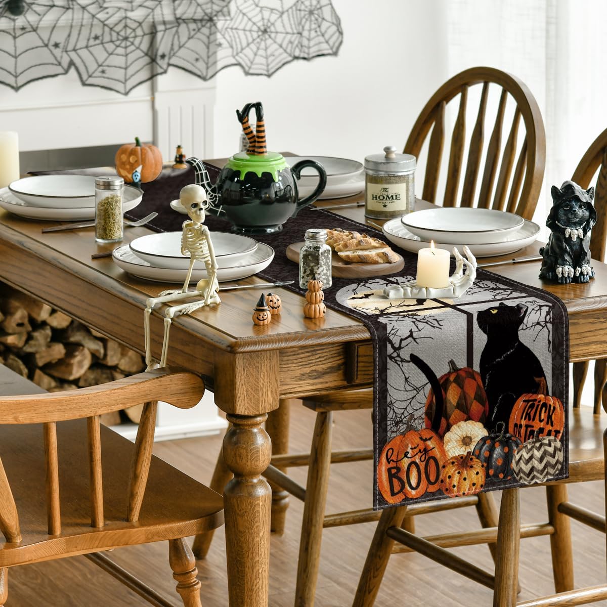 Artoid Mode Black Cat Pumpkins Boo Halloween Table Runner, Trick Or Treat Seasonal Kitchen Dining Table Decoration for Home Party Decor 13x36 Inch